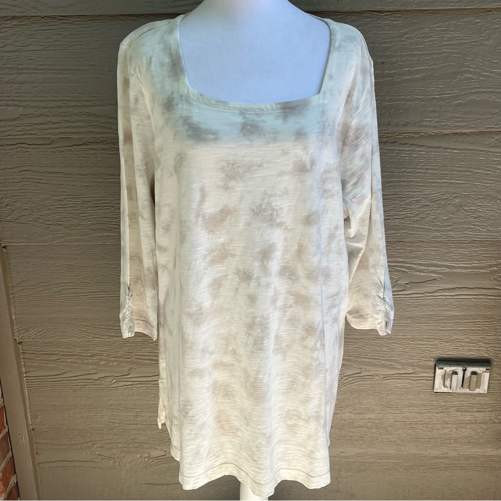 Pure Jill Square Neck Tunic XL 100% Cotton Tie Dye Lightweight 3/4 Sleeves Slits